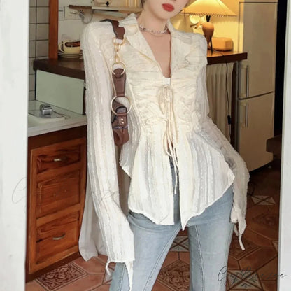 Tie-up Blouse Fold-down Collar Womens Blouse blouse-250126