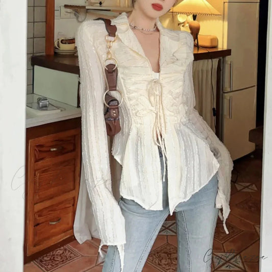 Tie-up Blouse Fold-down Collar Womens Blouse blouse-250126