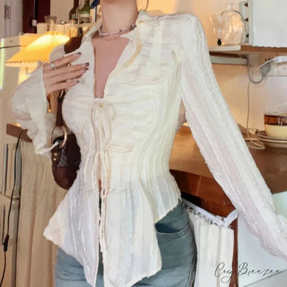 Tie-up Blouse Fold-down Collar Womens Blouse APRICOT / S blouse-250126