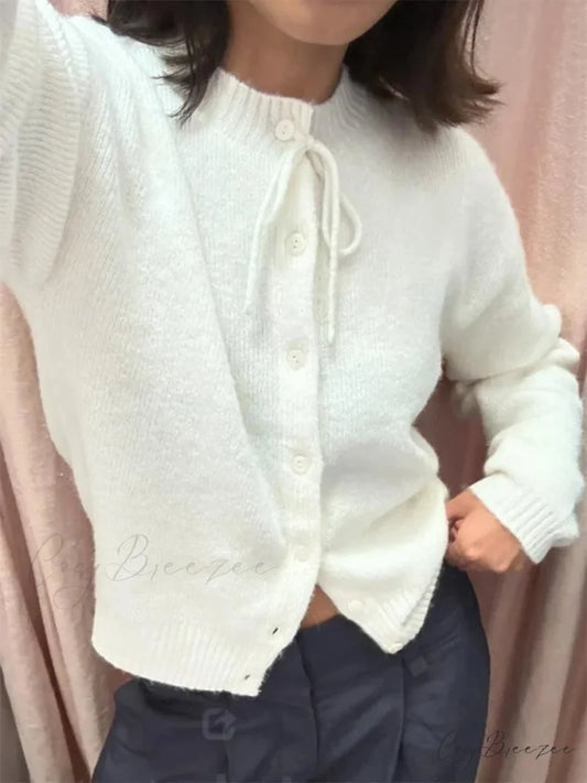 Tie-up Button Plain Knit Cardigan WHITE / S cardigans-241228