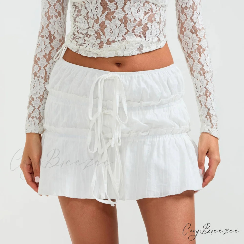 Tie-Up Front Gathered Mini Skirt skirts-250223
