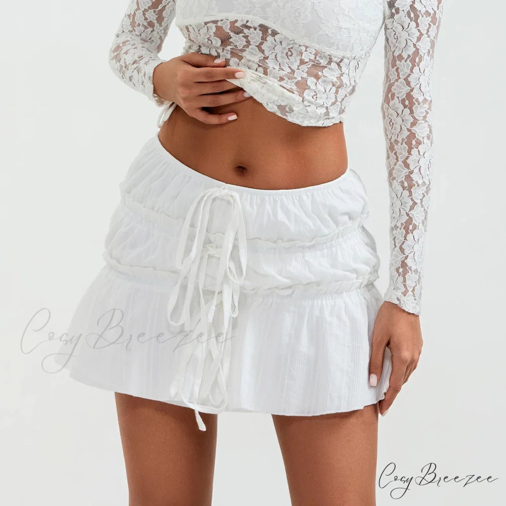 Tie-Up Front Gathered Mini Skirt skirts-250223