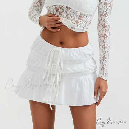 Tie-Up Front Gathered Mini Skirt skirts-250223