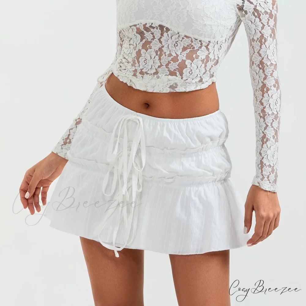 Tie-Up Front Gathered Mini Skirt skirts-250223