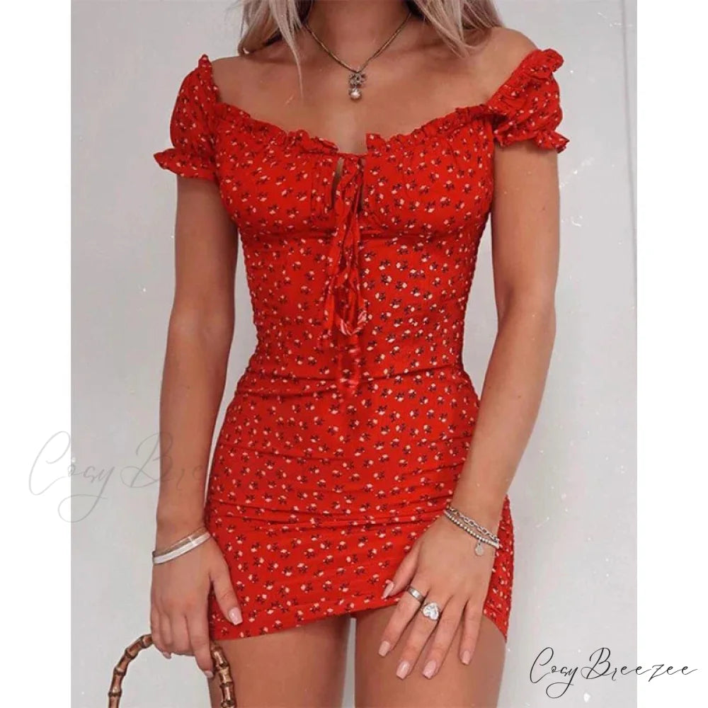 Tie Up Front Office Lady Slash Neck Printed Pencil Mini Dress