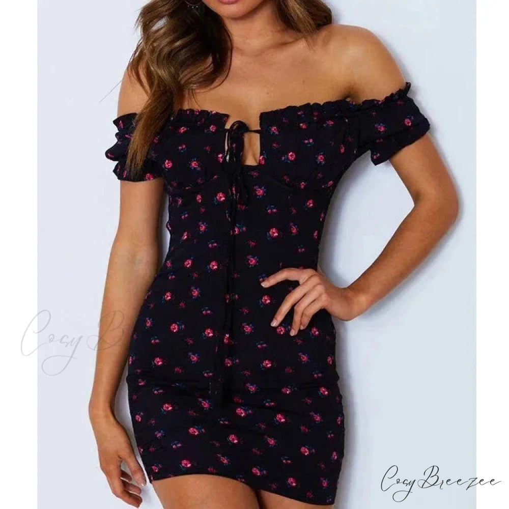 Tie Up Front Office Lady Slash Neck Printed Pencil Mini Dress Black / S