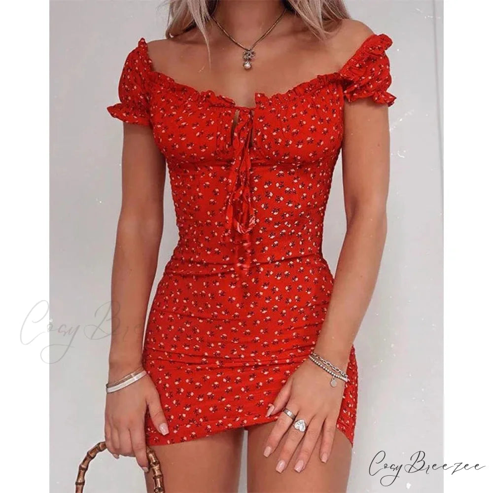 Tie Up Front Office Lady Slash Neck Printed Pencil Mini Dress Red / S