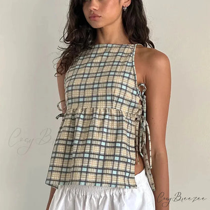 Tie-Up Peplum Plaid Crop Top green / S croptop-250223