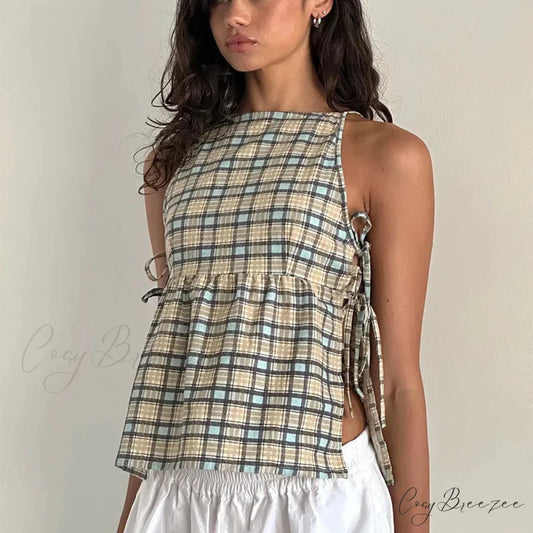 Tie-Up Peplum Plaid Crop Top green / S croptop-250223