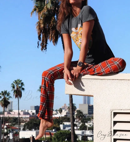 Tie-Up Plaid Streaked Loose Polyester Wide-Leg Pant pant-250223