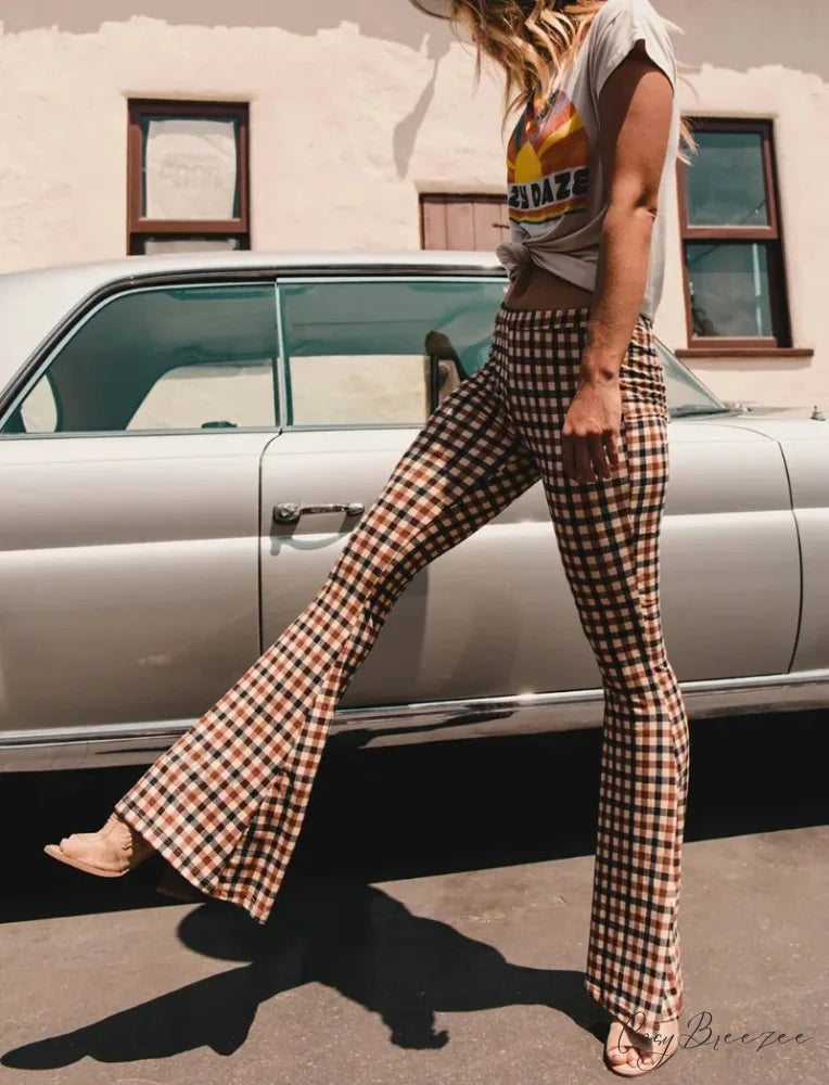 Tie-Up Plaid Streaked Loose Polyester Wide-Leg Pant pant-250223