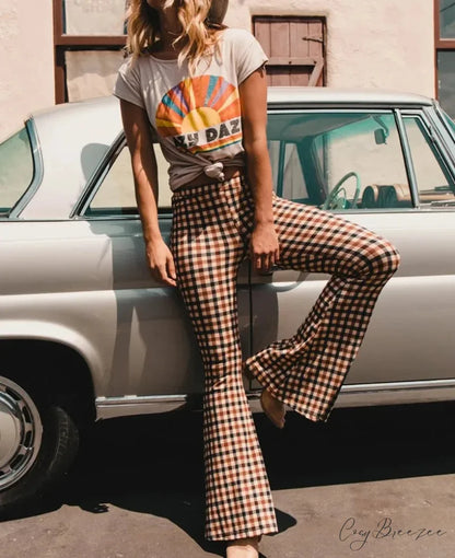 Tie-Up Plaid Streaked Loose Polyester Wide-Leg Pant Brown / S pant-250223