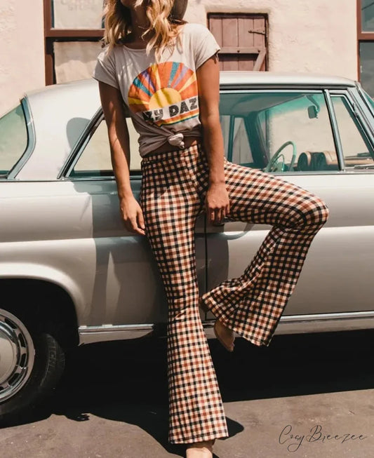 Tie-Up Plaid Streaked Loose Polyester Wide-Leg Pant Brown / S pant-250223