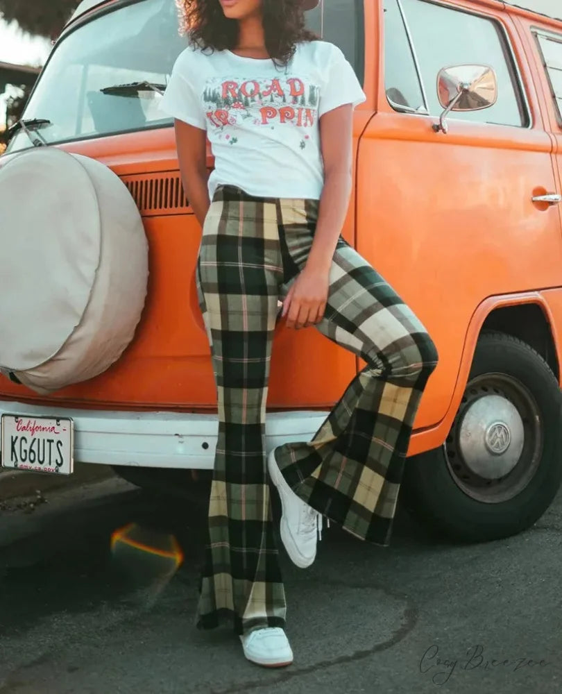 Tie-Up Plaid Streaked Loose Polyester Wide-Leg Pant Green / S pant-250223