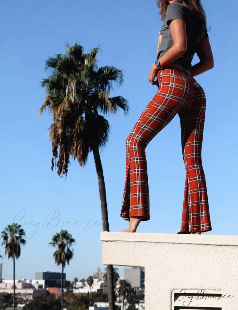 Tie-Up Plaid Streaked Loose Polyester Wide-Leg Pant Red / S pant-250223