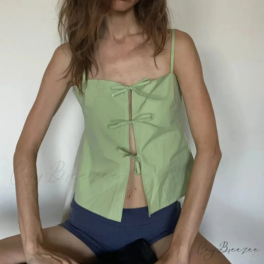 Tie-Up Ribbon Fitted Crop Top Green / S croptop-250223