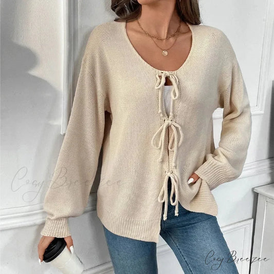 Tie-Up Round Neck Solid Sweater Coat Cardigan cardiagn-250126