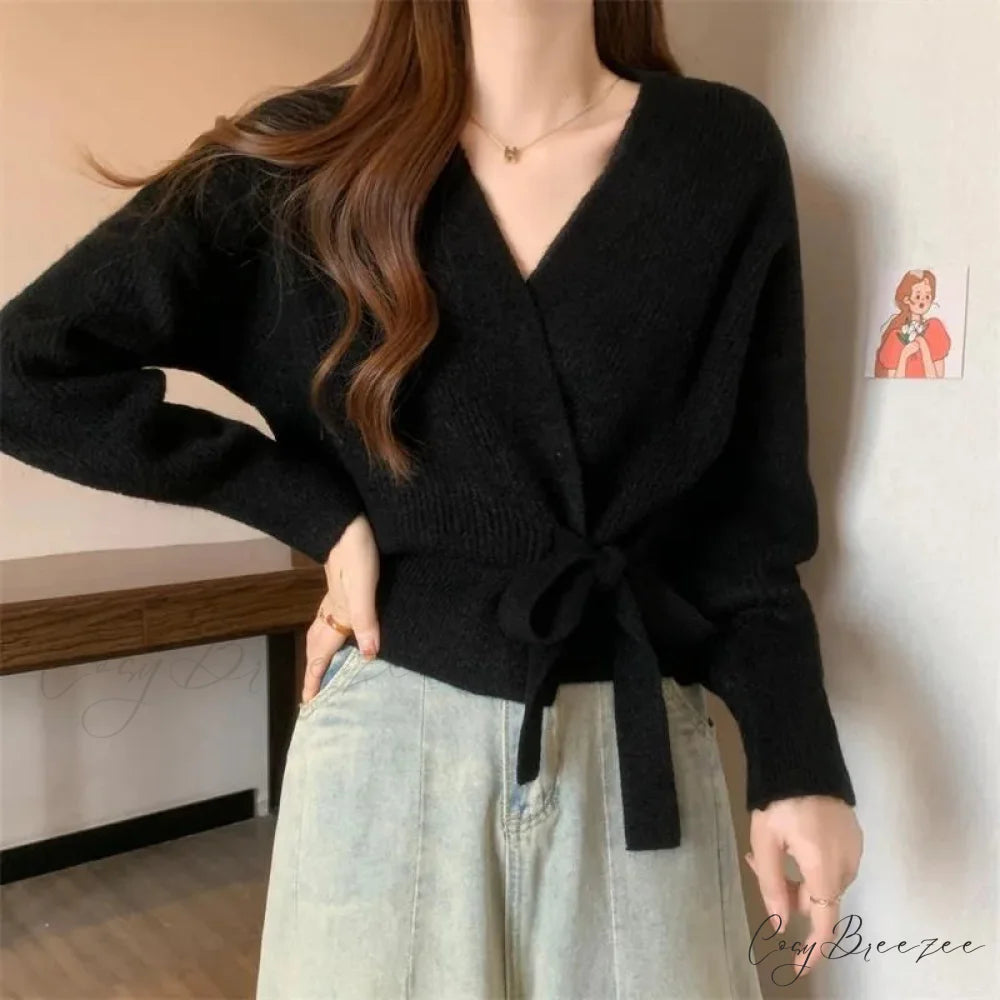 Tie-Up Waist Slimming Knit Cardigan Black / One Size cardigans-241228