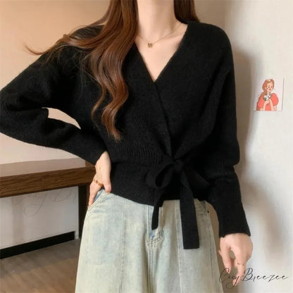 Tie-Up Waist Slimming Knit Cardigan Black / One Size cardigans-241228