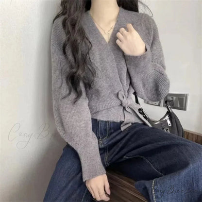 Tie-Up Waist Slimming Knit Cardigan GRAY / One Size cardigans-241228