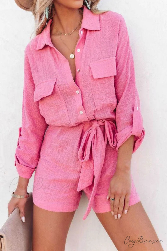 Tie-waist Long Sleeve Shirt Rompers Pink / L