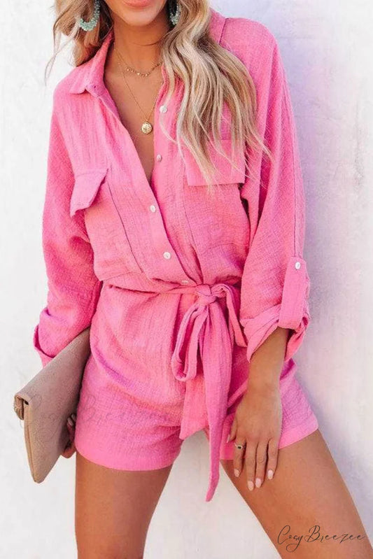 Tie-waist Long Sleeve Shirt Rompers Pink / S