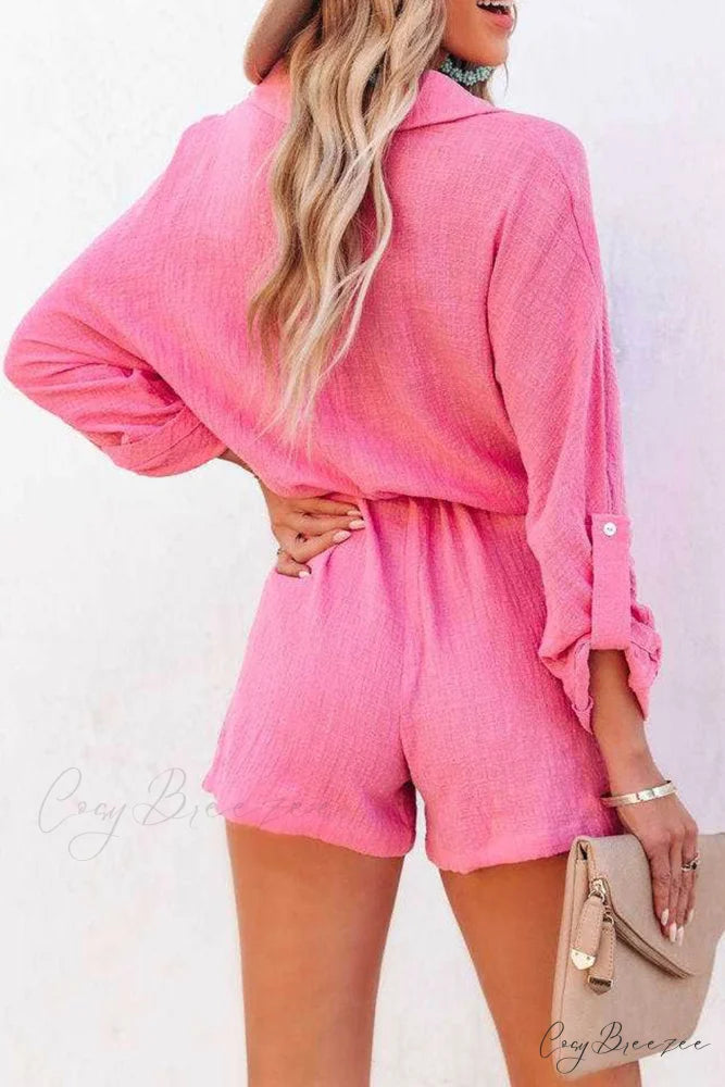 Tie-waist Long Sleeve Shirt Rompers Pink / XL