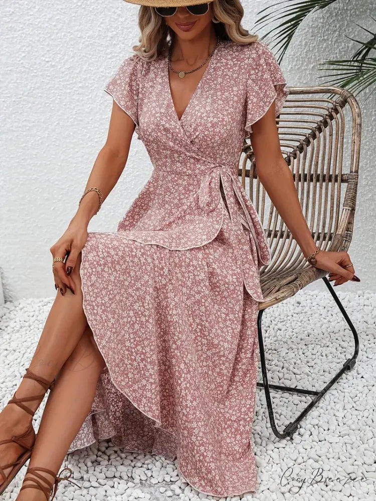 Tied Flowered Gown Flutter Surplice Design with Neck Sleeves M / Pink