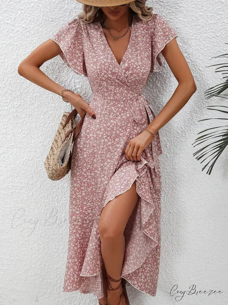 Tied Flowered Gown Flutter Surplice Design with Neck Sleeves M / Red