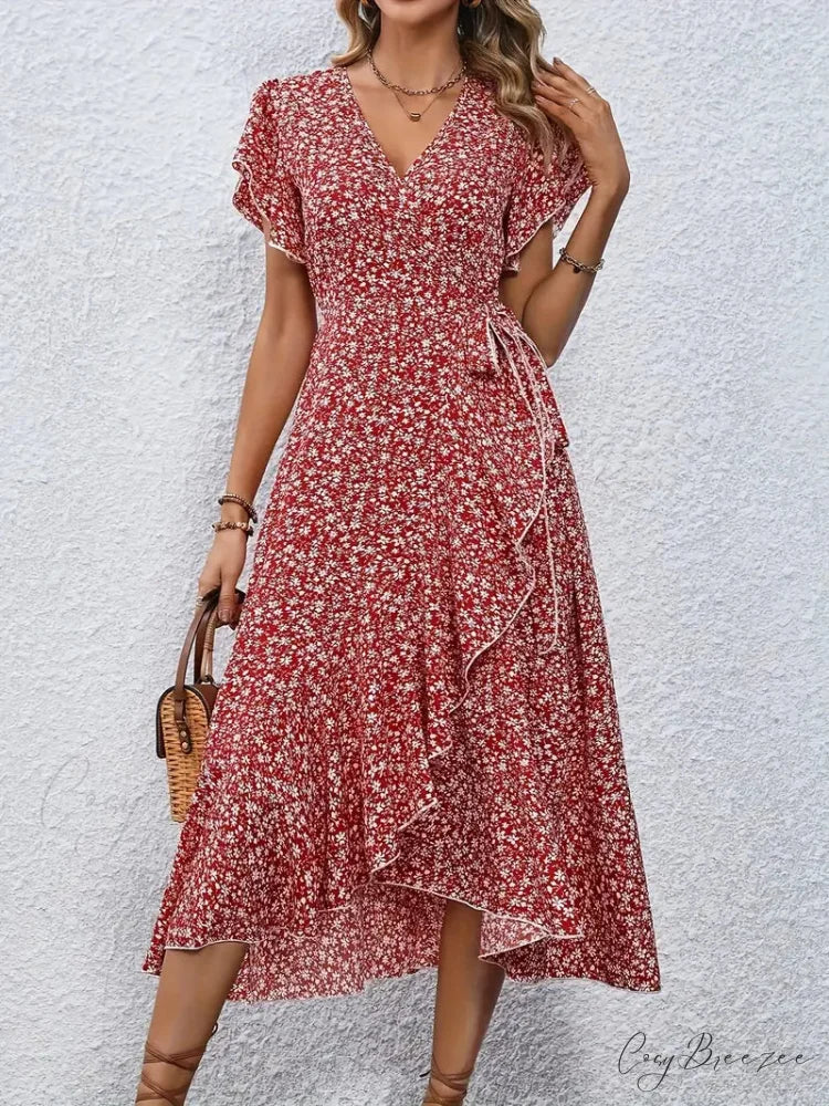 Tied Flowered Gown Flutter Surplice Design with Neck Sleeves S / Blue