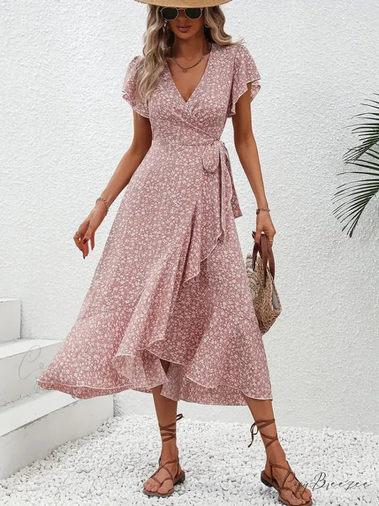Tied Flowered Gown Flutter Surplice Design with Neck Sleeves S / Pink