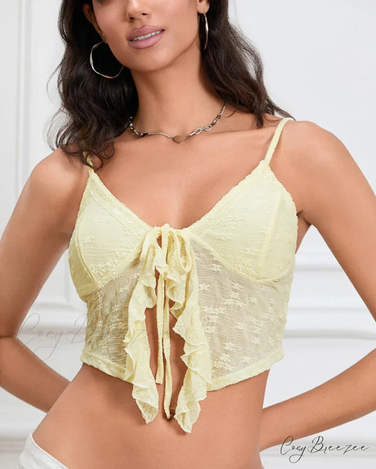 Tied Front Lace Trim Spaghetti Strap Club Crop Vest Top croptop-250126