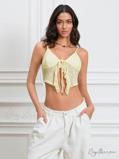 Tied Front Lace Trim Spaghetti Strap Club Crop Vest Top YELLOW / S croptop-250126