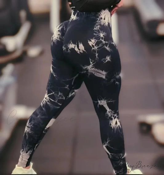 Tiedye Seamless Push Up Booty Pants Scrunch Sports Fitness High Waist Workout Yoga Leggings Black / S
