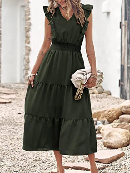 Tiered for Full-Length Flutter Color Chiffon Solid Arm Gown Women