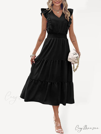 Tiered for Full-Length Flutter Color Chiffon Solid Arm Gown Women Black / S
