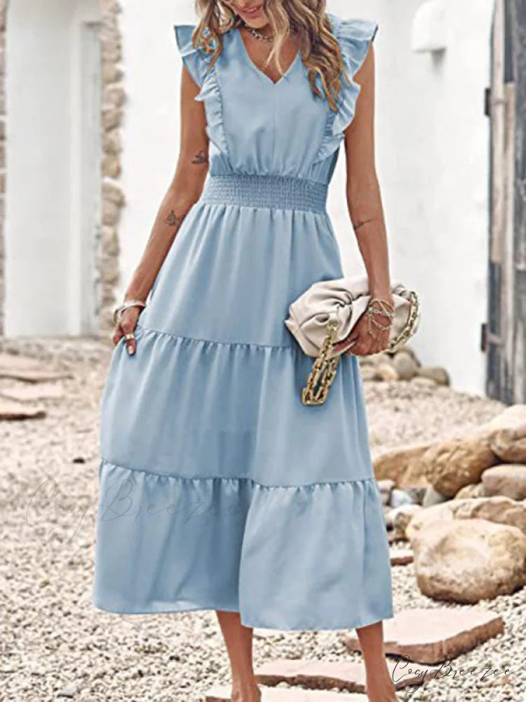 Tiered for Full-Length Flutter Color Chiffon Solid Arm Gown Women Blue / S