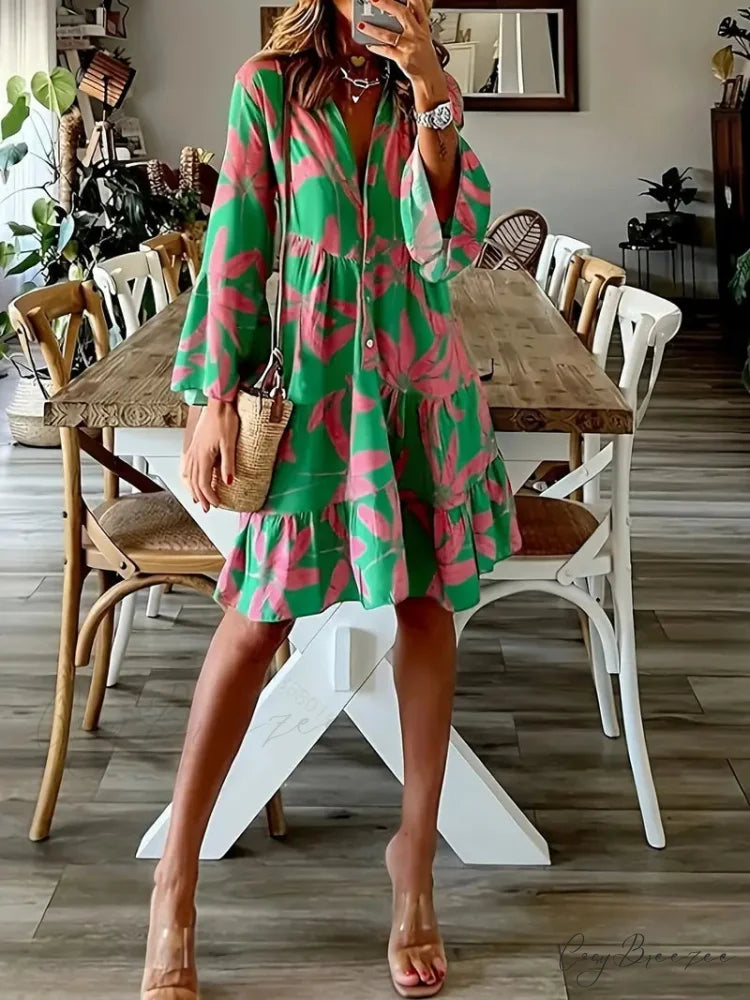 Tiered Long Sleeve Maxi Dress with Leaves Print M / Blue