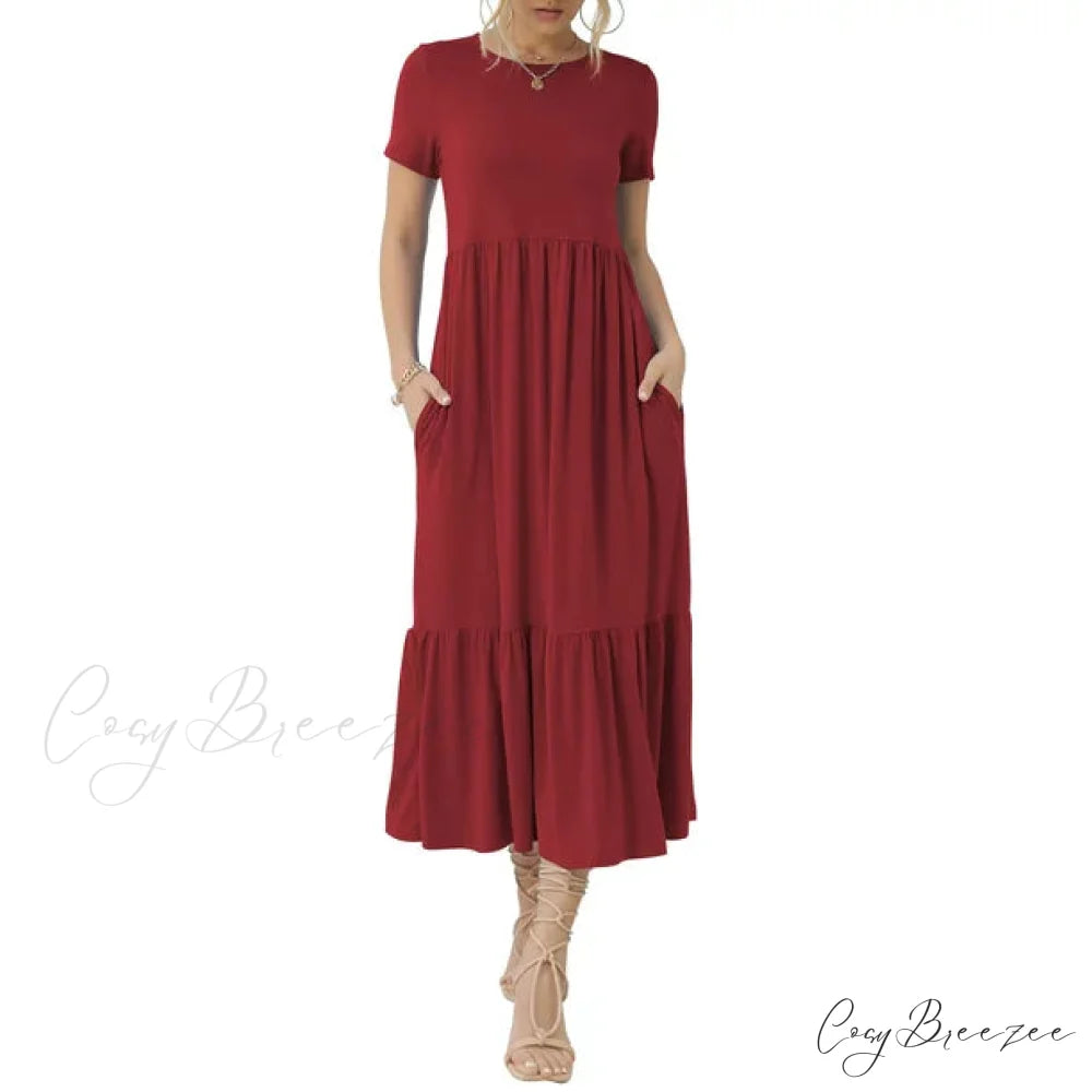 Tiered Maxi Beach Dress with Pockets - Short Sleeve M / Black