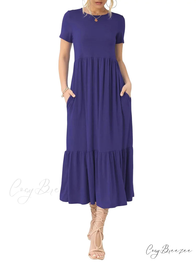 Tiered Maxi Beach Dress with Pockets - Short Sleeve M / Blue