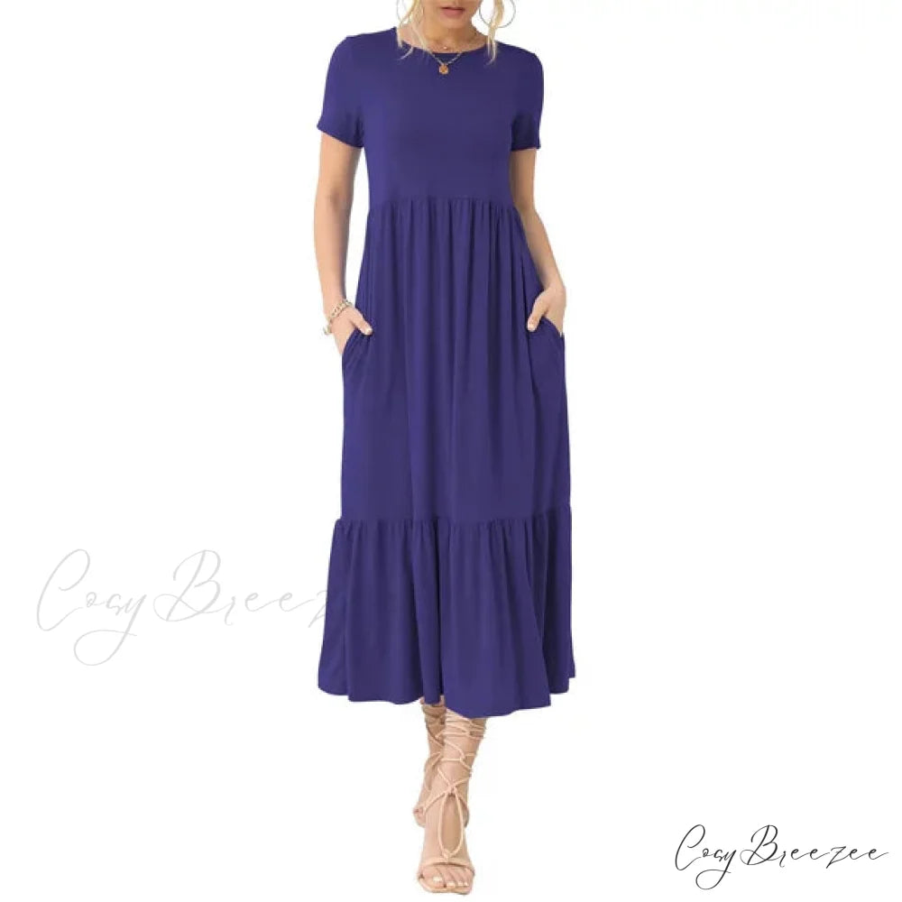 Tiered Maxi Beach Dress with Pockets - Short Sleeve M / Green