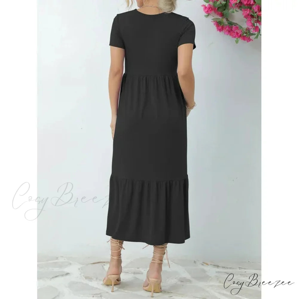 Tiered Maxi Beach Dress with Pockets - Short Sleeve M / Pink