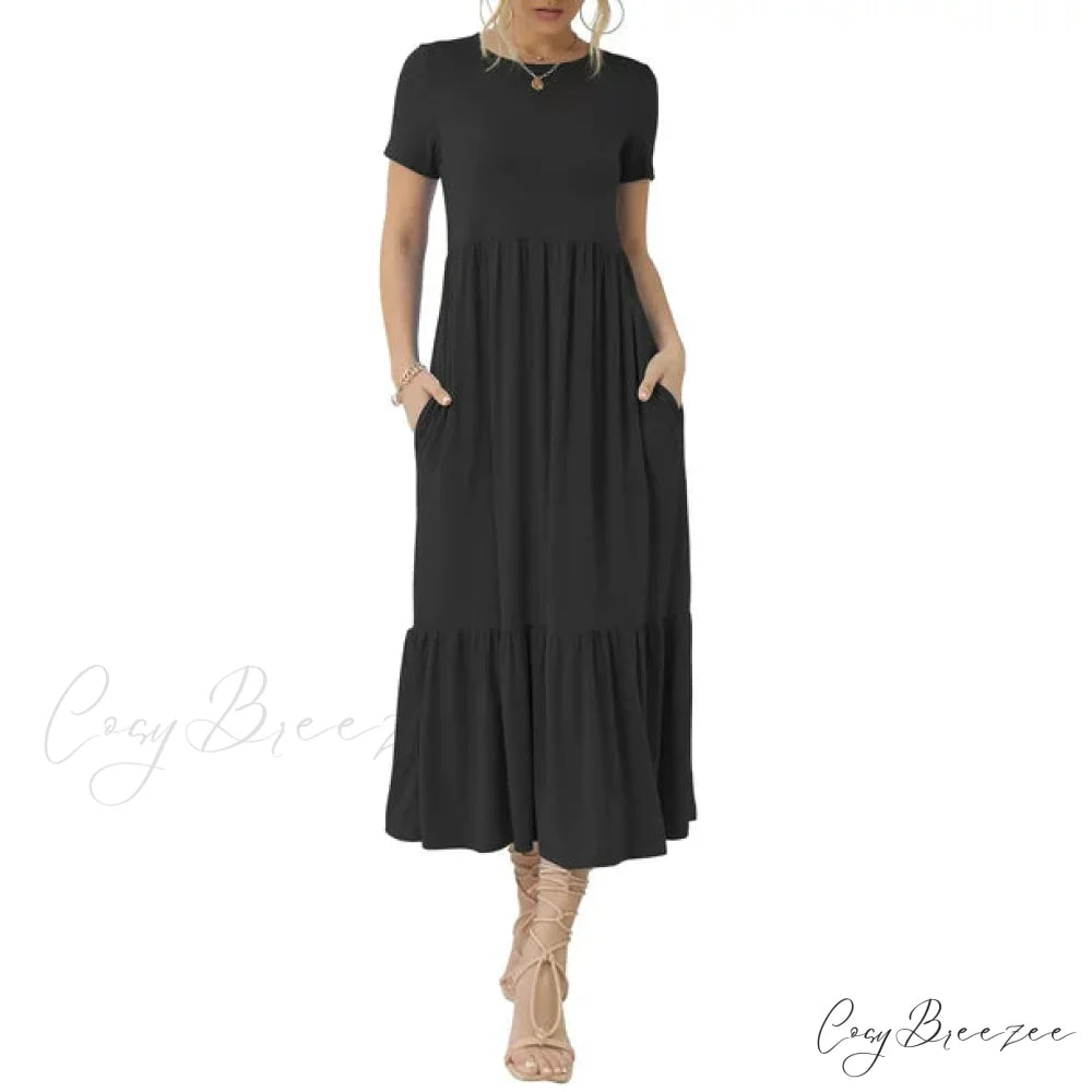 Tiered Maxi Beach Dress with Pockets - Short Sleeve M / Red