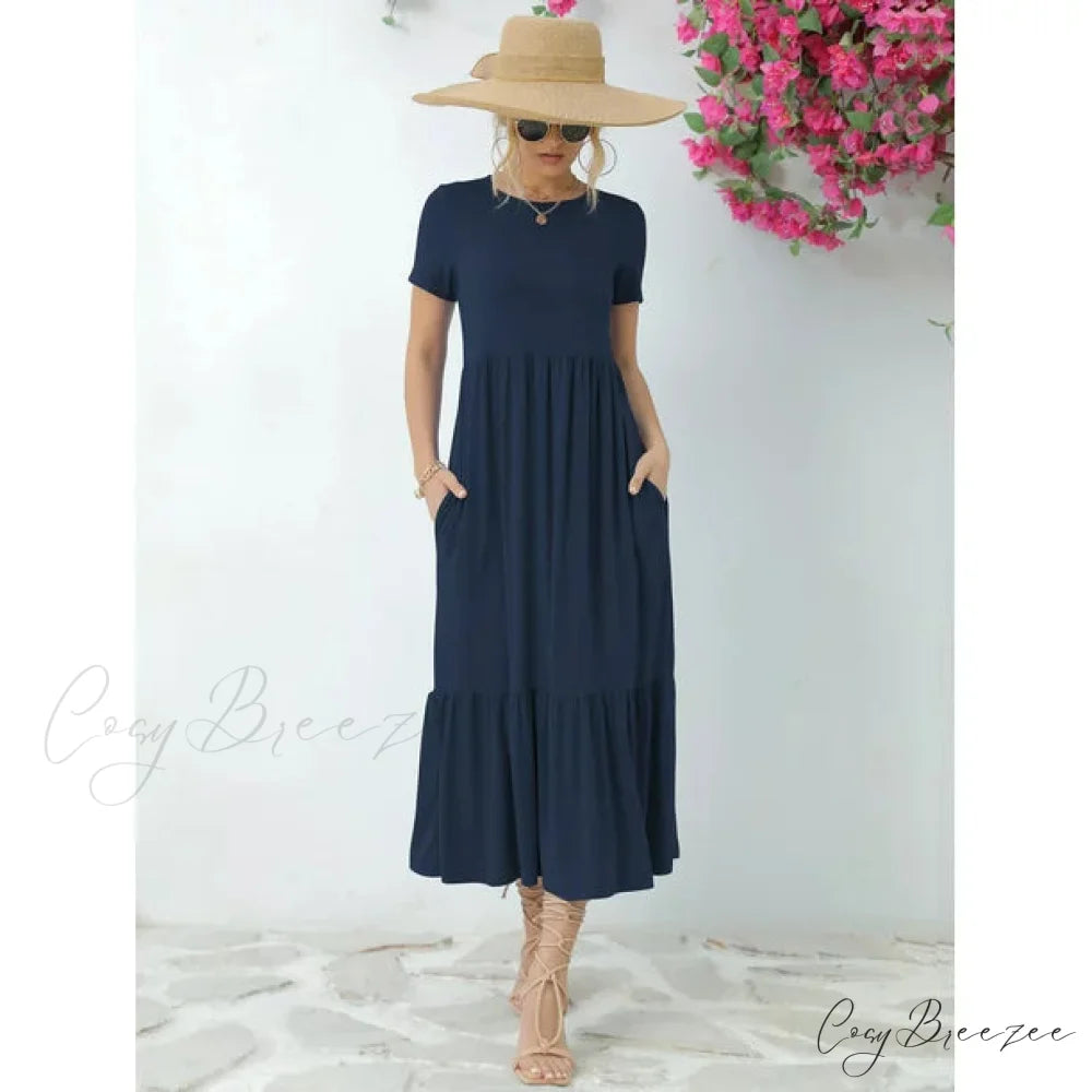 Tiered Maxi Beach Dress with Pockets - Short Sleeve S / Black