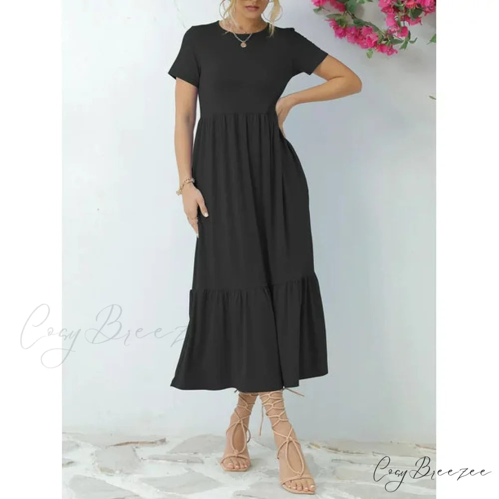 Tiered Maxi Beach Dress with Pockets - Short Sleeve S / Blue