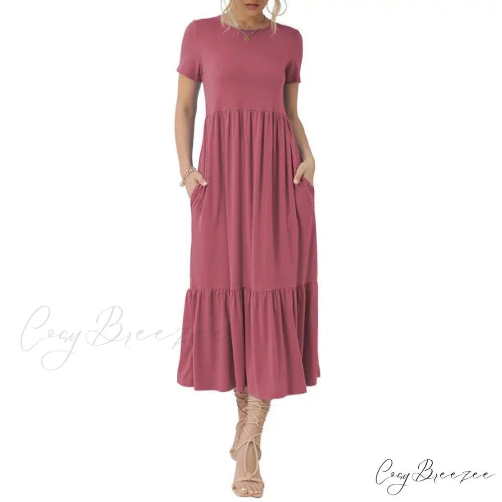 Tiered Maxi Beach Dress with Pockets - Short Sleeve S / Green