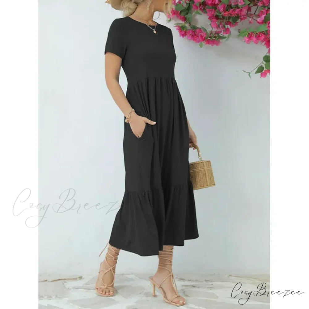 Tiered Maxi Beach Dress with Pockets - Short Sleeve S / Pink