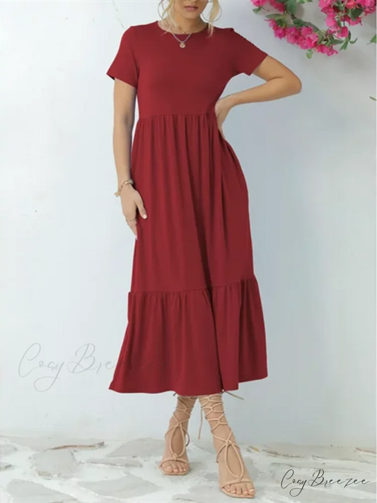 Tiered Maxi Beach Dress with Pockets - Short Sleeve S / Red