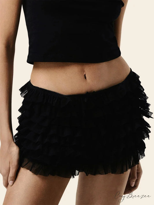 Tiered Ruffle Bow Patchwork Shorts black / S short-250223