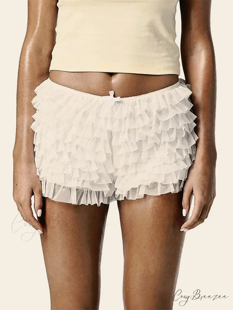Tiered Ruffle Bow Patchwork Shorts white / S short-250223